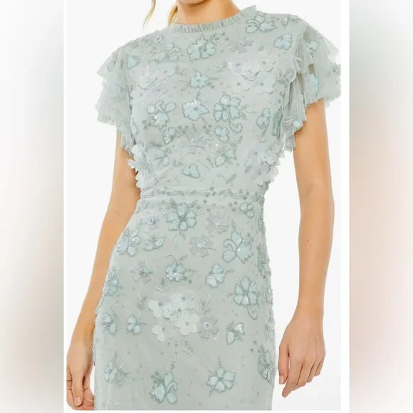 Mac Duggal Women’s Floral Embellished Flutter Sleeve Gown Size 2 Light Mint - Picture 4 of 9